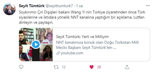 Doğu Türkistan Milli Meclis Başkanı Seyit Tümtürk: Yerli ve Milliyim